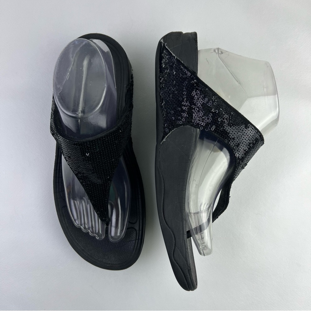 Fitflop Lulu Black Sequin Sparkle Toe-Post Wedge Thong Sandal Size 8